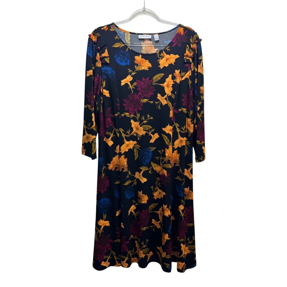Susan Graver Liquid Knit Midi Cottagecore Floral Stretchy Dress XL Multi 3/4